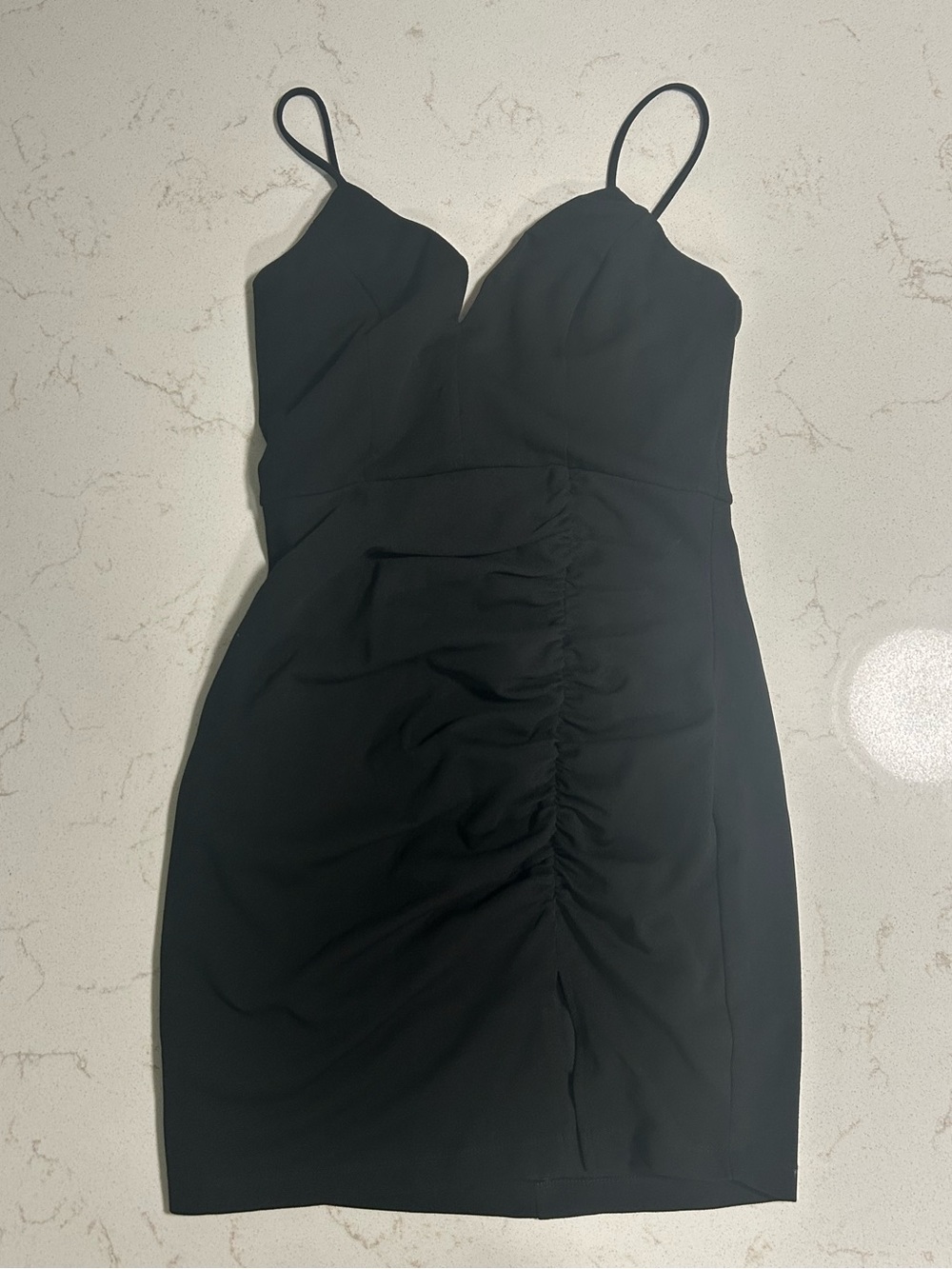 Honey and Rosie Black Ruched Spaghetti Strap Mini Dress